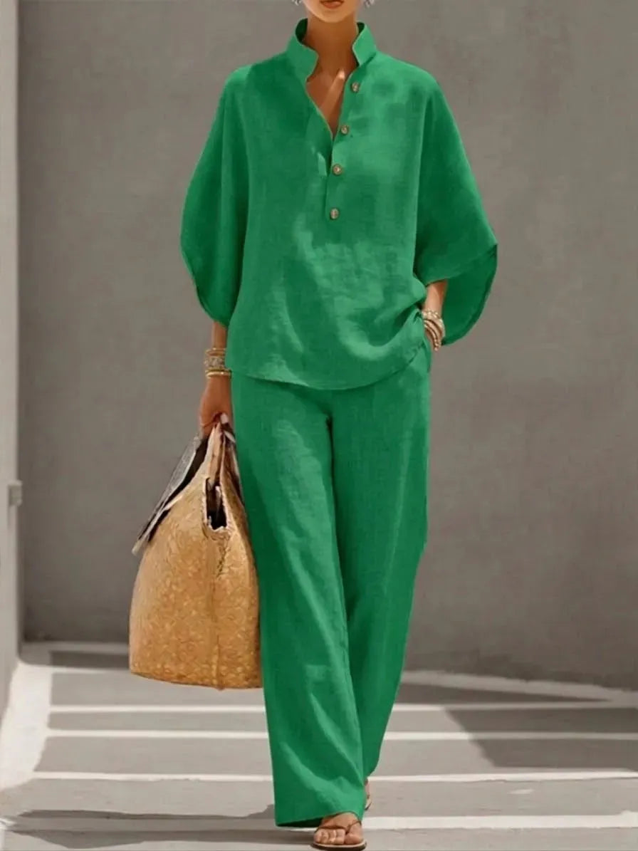 š„ š„Women's Batwing Sleeve Two-Piece Set ā Casual Shirt & Wide Leg Pants Outfit