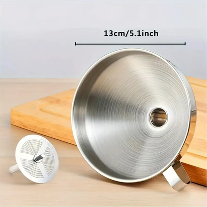 No-Mess Oil Funnel with Filter - Large Diameter Kitchen Strainer for Cleaner Pouring