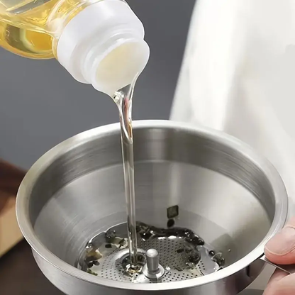 No-Mess Oil Funnel with Filter - Large Diameter Kitchen Strainer for Cleaner Pouring