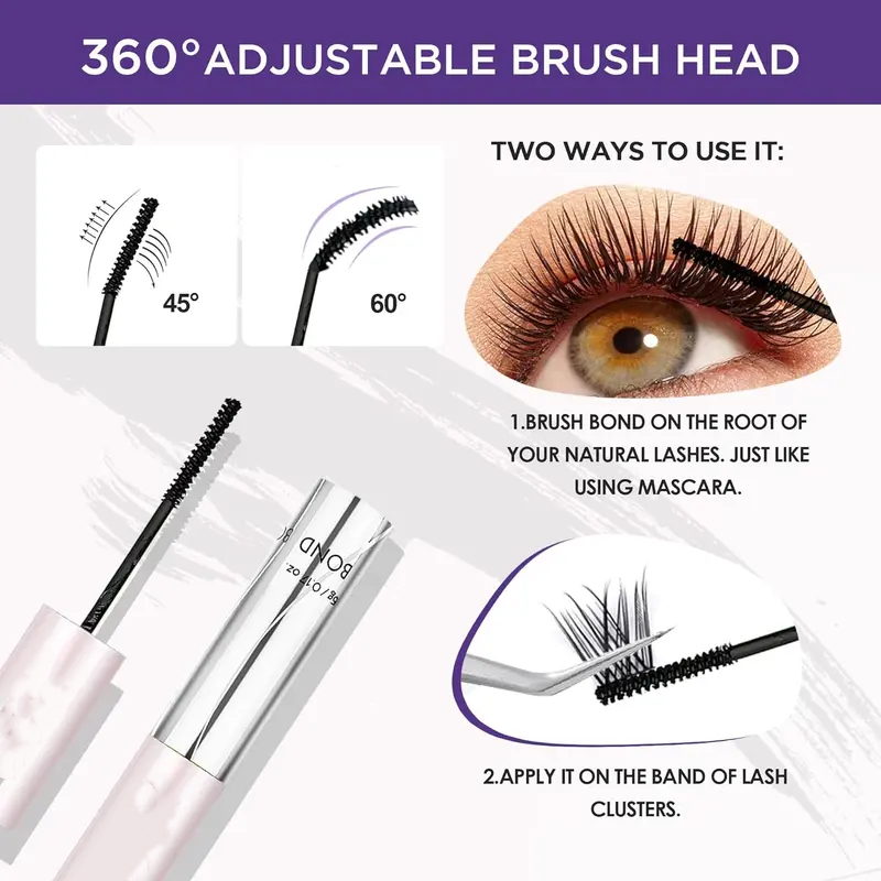 Waterproof Lash Cluster Glue – Bond & Seal, Black Adhesive for 72H Natural Hold, Latex-Free (5ml+5ml)